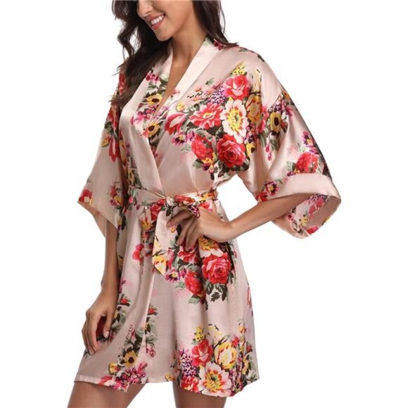 Women's Floral Satin Robes Bride Bridesmaid Robe Short Silky Kimono - Picture 7 of 12